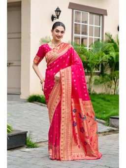 Elora - Hot Pink Woven Floral Silk Blend Zari Weaving Paithani Saree with Unstitched Blouse