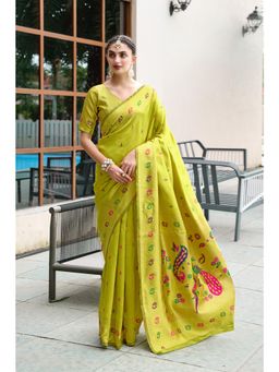 Elora - Light Green Floral Butti Silk Blend Zari Weaving Paithani Saree with Unstitched Blouse