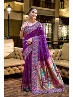 Elora - Purple Floral Butti Silk Blend Zari Weaving Paithani Saree with Unstitched Blouse