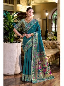 Elora - Deep Teal Floral Butti Silk Blend Zari Weaving Paithani Saree with Unstitched Blouse
