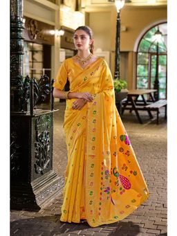 Elora - Golden Yellow Floral Butti Silk Blend Zari Weaving Paithani Saree with Unstitched Blouse
