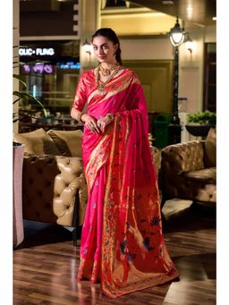 Elora - Red Peacock Butti Silk Blend Zari Weaving Paithani Saree with Unstitched Blouse