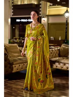Elora - Light Green Peacock Butti Silk Blend Zari Weaving Paithani Saree with Unstitched Blouse