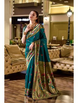 Elora - Deep Teal Peacock Butti Silk Blend Zari Weaving Paithani Saree with Unstitched Blouse