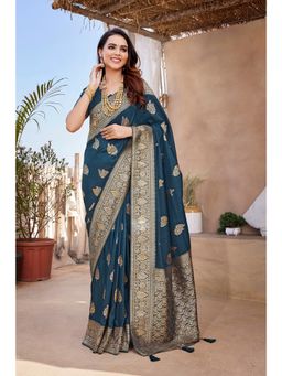 Elora - Navy Blue Butta Zari Jacquard Silk Blend Paithani Saree with Unstitched Blouse