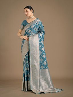 Monjolika Fashion - Cyan Blue Banarasi Satin Silk Saree Zari Woven Pallu with Unstitched Blouse