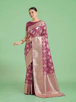 Monjolika Fashion - Rose Pink Banarasi Satin Silk Saree Zari Woven Pallu with Unstitched Blouse