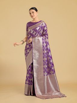 Monjolika Fashion - Purple Banarasi Satin Silk Saree with Rich Zari Woven Pallu with Unstitched Blouse