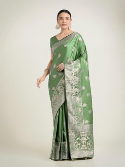 Monjolika Fashion - Light Green Zari Weaving Work Banarasi Traditional Saree with Unstitched Blouse