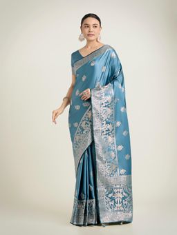 Monjolika Fashion - Cyan Blue Zari Banarasi Satin Silk Traditional Saree with Unstitched Blouse