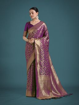 Monjolika Fashion - Purple Banarasi Satin Silk Meenakari Zari Saree with Unstitched Blouse