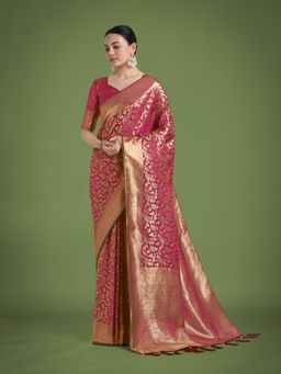 Monjolika Fashion - Magenta Banarasi Satin Silk Meenakari Zari Saree with Unstitched Blouse