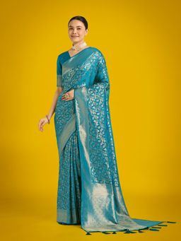 Monjolika Fashion - Sky Blue Banarasi Satin Silk Meenakari Zari Saree with Unstitched Blouse