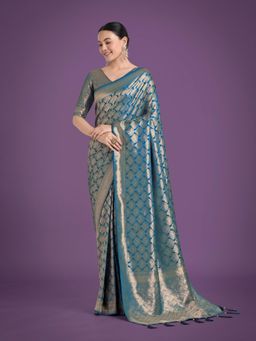 Monjolika Fashion - Women's Cyan Blue Banarasi Zari Weaving Work Designer Saree with Unstitched Blouse
