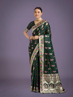 Monjolika Fashion - Dark Green with Gold Bordar Banarasi Zari Woven Satin Saree with Unstitched Blouse