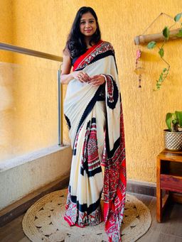 Mysilklove - Dutch White Ajrakh Printed Satin Silk Saree with Unstitched Blouse