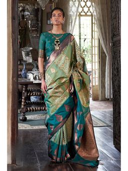Mysilklove - Cactus Green Banarasi Handloom Saree with Unstitched Blouse