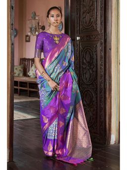 Mysilklove - Peacock Blue Banarasi Handloom Saree with Unstitched Blouse