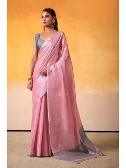 Mysilklove - Coral Pink and Grey Woven Tissue Silk Saree with Unstitched Blouse