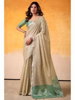 Mysilklove - Salt Cream and Green Woven Tissue Silk Saree with Unstitched Blouse