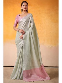 Mysilklove - Parchment Green and Pink Woven Tissue Silk Saree with Unstitched Blouse