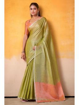 Mysilklove - Tea Green and Orange Woven Tissue Silk Saree with Unstitched Blouse