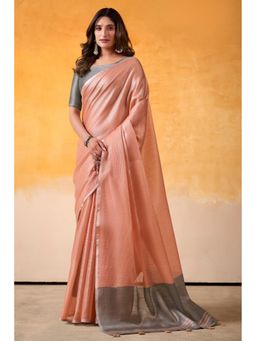 Mysilklove - Rustic Peach and Grey Woven Tissue Silk Saree with Unstitched Blouse