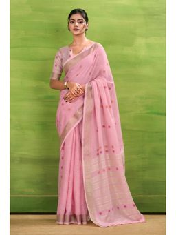 Mysilklove - Rose Pink Woven Linen Saree with Unstitched Blouse