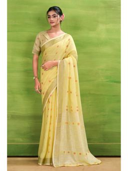 Mysilklove - Citrine Yellow Woven Linen Saree with Unstitched Blouse