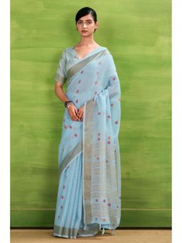 Mysilklove - Turquoise Blue Woven Linen Saree with Unstitched Blouse