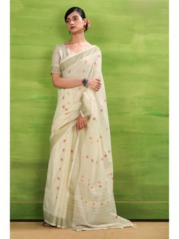 Mysilklove - Floral White Woven Linen Saree with Unstitched Blouse