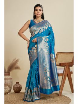 Mysilklove - Star Blue Zari Woven Soft Kanjivaram Saree with Unstitched Blouse