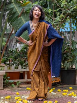 Suta - Mustard Cotton Blend Saree with Unstitched Blouse