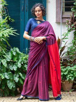 Suta - Purple Cotton Blend Saree with Unstitched Blouse