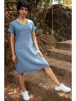 Creatures of Habit - Linen V Neck Shift Dress- Wildflower Blue