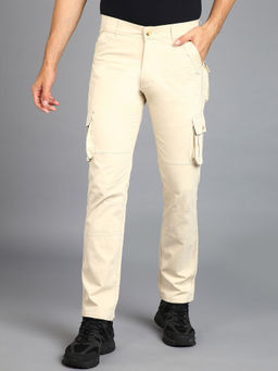 Urbano Fashion - Mens Cream Regular Fit Solid Cargo Chino Pant with 6 Pockets