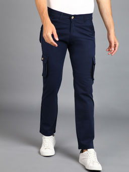 Urbano Fashion - Mens Navy Blue Regular Fit Solid Cargo Chino Pant with 6 Pockets