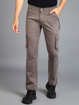 Urbano Fashion - Mens Dark Grey Regular Fit Solid Cargo Chino Pant with 6 Pockets