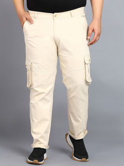 Urbano Plus - Mens Cream Regular Fit Solid Cargo Chino Pant with 6 Pockets