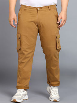 Urbano Plus - Mens Dark Khaki Regular Fit Solid Cargo Chino Pant with 6 Pockets