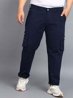 Urbano Plus - Mens Navy Blue Regular Fit Solid Cargo Chino Pant with 6 Pockets