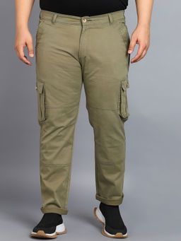 Urbano Plus - Mens Olive Green Regular Fit Solid Cargo Chino Pant with 6 Pockets