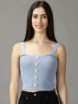 SHOWOFFFF - Womens Shoulder Straps Fitted Woven Blue Crop Top