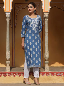 Jaipur Kurti - Women Blue Heavy Embroidered Khadi Print Straight Kurta