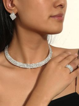 Yellow Chimes - Silver-Plated Crystal Stone Studded Necklace Set with Ring and Bracelet