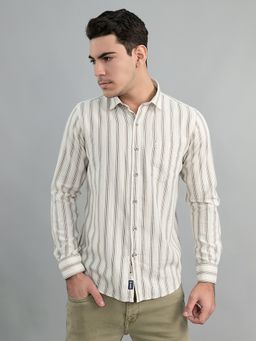 Monte Carlo - Off White Men Regular Fit Stripes Full Sleeve Shirt