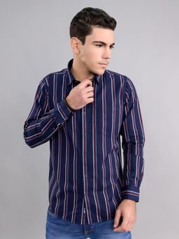 Monte Carlo - Navy Blue Men Regular Fit Stripes Full Sleeve Shirt