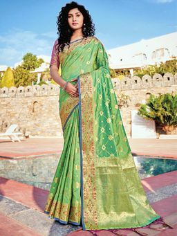 Odette - Womens Lime Green Banarasi Silk Woven Design Saree with Unstitched Blouse