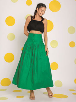 Kaori By Shreya - Black Crop Top Green Skirt Cotton (Set of 2)