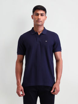Arrow Sports - Men Self Design Navy Blue Half Sleeves Collar Neck Polo T-Shirt